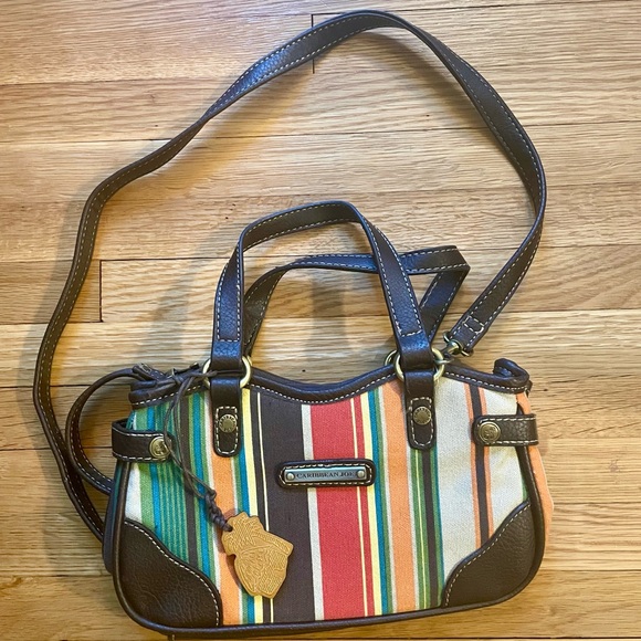 CARIBBEAN JOE (NWT) brown leather & multicolor striped canvas shoulder bag CUTE! - Picture 10 of 10